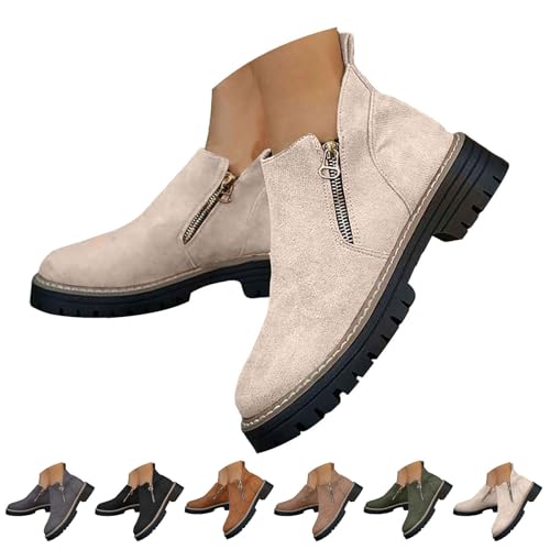 Momolaa UK 5 Women's Ankle Booties, Ladies Faux Suede Low Block Heel Double Side Zip Ankle Short Boots Chelsea Pull on Booties Casual Comfortable Western Boots Footwear 001_Beige