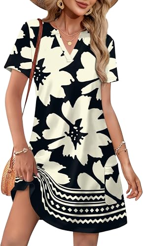 Image of WIHOLL Summer Dresses for Women Casual V Neck Wedding Guest Dress Hawaiian Midi Dress Fashion Beach Vacation Clothes