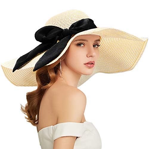 Tencoz Straw Sunhat for Women, Ladies Sun Hat Foldable Wide Brim Floppy Straw Hat with Lovely Ribbon Bow, Summer Beach Outdoor Hat Anti-UV Protection UPF 30 Hat