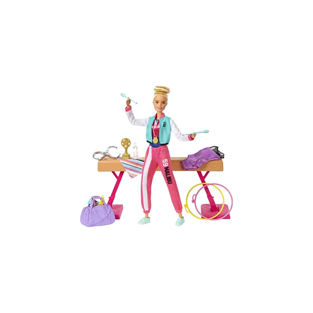 Barbie Gymnastics Playset Barbie Doll with Twirling Feature, Balance Beam, 15+ Accessories for