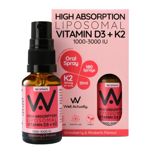 WELL ACTUALLY Liposomal Vitamin D3 + K2 Spray - High Absorption Vegan Vitamin D 2000 IU & Vitamin K2-7 100mcg as Menaquinone-7 MK-7 - Extra Bioavailability - Strawberry & Rhubarb (180 Sprays)
