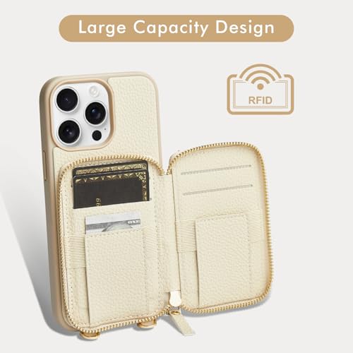 LAMEEKU for iPhone 15 Pro Max Wallet Case with Credit Card Holder, Zipper Leather Crossbody Case with Phone Grip Holder Stand for Women for iPhone 15 Pro Max 6.7 inch Beige by LAMEEKU - Used condition - Image 2