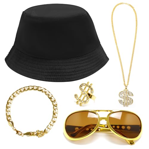 Goufaju 5Pcs Hip Hop Costume Accessories kit 90s Hip Hop Rapper Costume Kit Dollar Chain Necklace Bracelet Ring 90s Outfit Fancy Accessories for Theme Party for men/Women