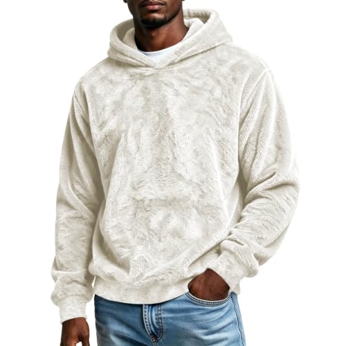 Mens Fuzzy Sherpa Hoodie Cozy Fleece Pullover Sweatshirt White