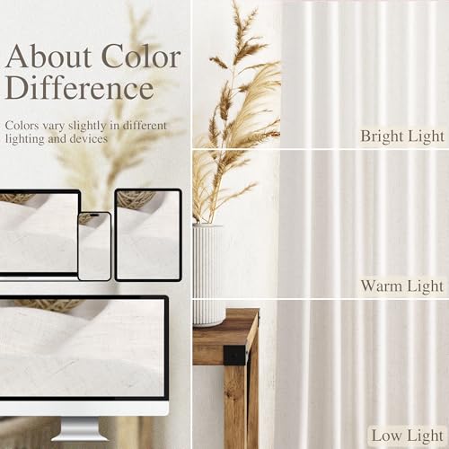 Image of Ivory White Linen Back Tab Curtains 84 Inch Length for Bedroom /Living Room 2 Panel Set Neutral Modern Farmhouse Window Privacy Semi Sheer Linen Drapes Rustic Pinch Curtain Ivory 52X84