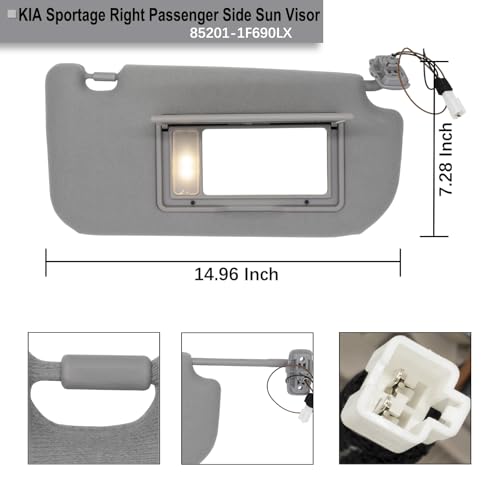 NHILES Passenger Right Side Sun Visor Replacement Fits for KIA Sportage 2005-2010 Sunshade with Light 85201-1F690LX Color Gray by NHILES - Image 4