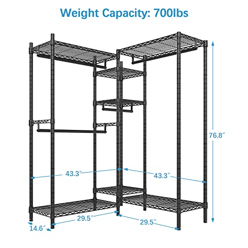 Vipek L6 Garment Rack L Shaped Clothes Rack Heavy Duty Clothing Rack Metal Freestanding Closet With 7 Adjustable Shelves & 4 Hanging Rods 43.3"L X 43.3"W X 76.8"H, Max Load 700Lbs, Medium Size, Black #TOP4