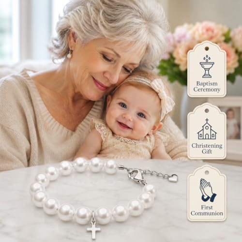 Image of Communion Bracelets | Baptism Jewelry | White Pearl Bracelet | Cross Charm