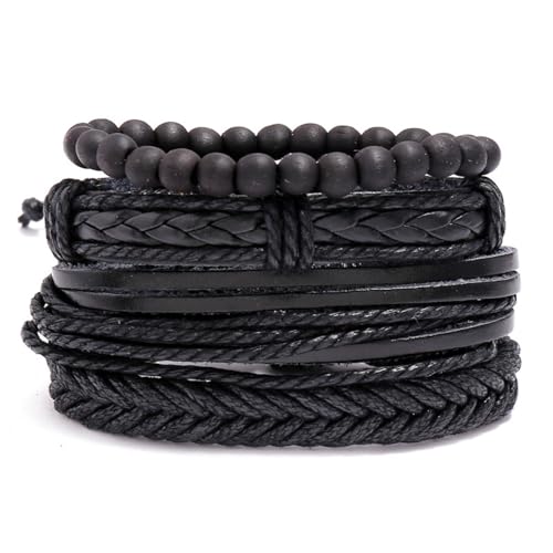 Image of Tied By Love PU Leather Ethnic Boho 4-Piece Beaded Woven Simple Set Adjustable Bracelets in Black Gothic Steampunk Bohemian Wristband Unisex Fashion Jewellery Gift (Black V1)