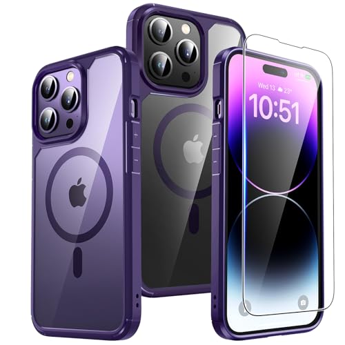 TAURI 3-in-1 Magnetic for iPhone 14 Pro Max Case, [Designed with Magsafe] with Screen Protector, Shockproof Case for iPhone 14 Pro Max, Purple