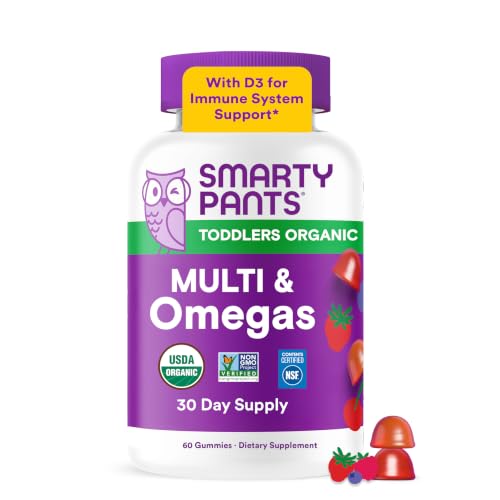 SmartyPants Toddler Organic Multi & Omegas Multivitamin Gummies with Omega 3 ALA, Vitamins D3, C, B12, B6, A, K, Zinc, Biotin, Clean Label, Mixed Berry and Cherry Flavors, 60 Gummies (30 Day Supply)