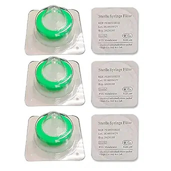 10 Pack Sterile Syringe Filter PES Hydrophilic Filtration 0.22um Pore Size, 33mm Diameter Membrane Sterile PES Membrane Individually Packed by Finetech Made in Taiwan
