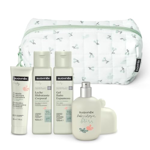 Suavinex, Neceser Bebé, Canastilla Recién Nacido con Cosmética Pediátrica | Set Regalo con Colonia Bebés 50 ml + Leche Hidratante 100 ml + Gel Baño 100 ml + Pomada Pañal 30 ml, Formato Viaje, Verde