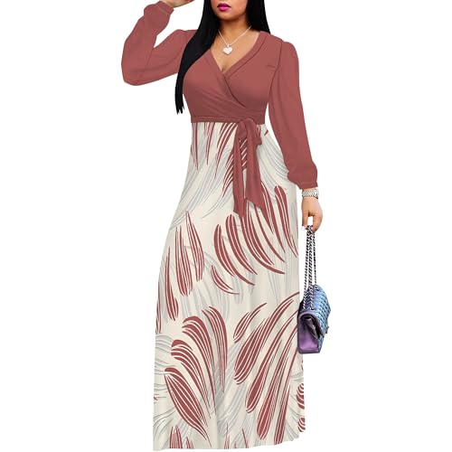Image of PinkPatty Women's Long Sleeve Maxi Dress Plus Size Trendy Wedding Guest Wrap Dress with Pockets&Belt