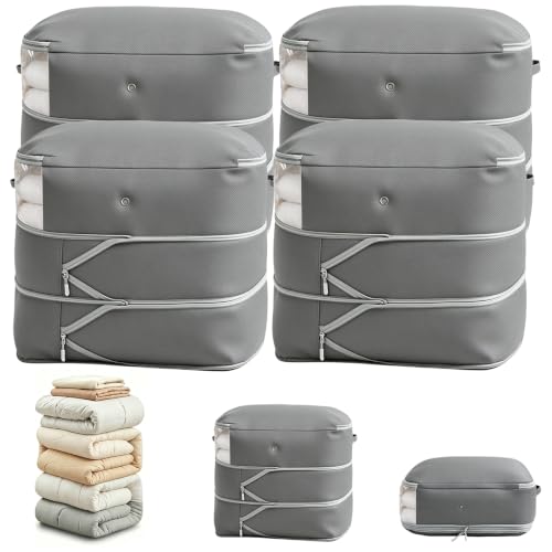 Image of Comforter Storage Bag, Large Capacity Blanket Storage Bags 3-Layer Ultra Space Saving Self Compression Organizer, Heavy Duty Space Saver Organizer for Bedding, Clothes, Blanket, 4-Pack, Gray