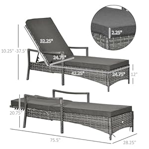 Outsunny wicker chaise lounge 4 position adjustable backrest and cushions outdoor lounge chair pe rattan sun lounger for poolside balcony or garden dark grey  urban country home decor