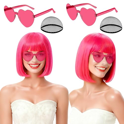 Image of 2 Pack Hot Pink Neon Bob Wig with Heart Sunglasses for Women, Colorful Short Bob Wigs with Bangs Synthetic Hair for Cosplay Music Festival Bachelorette Party Fancy Dress Photography