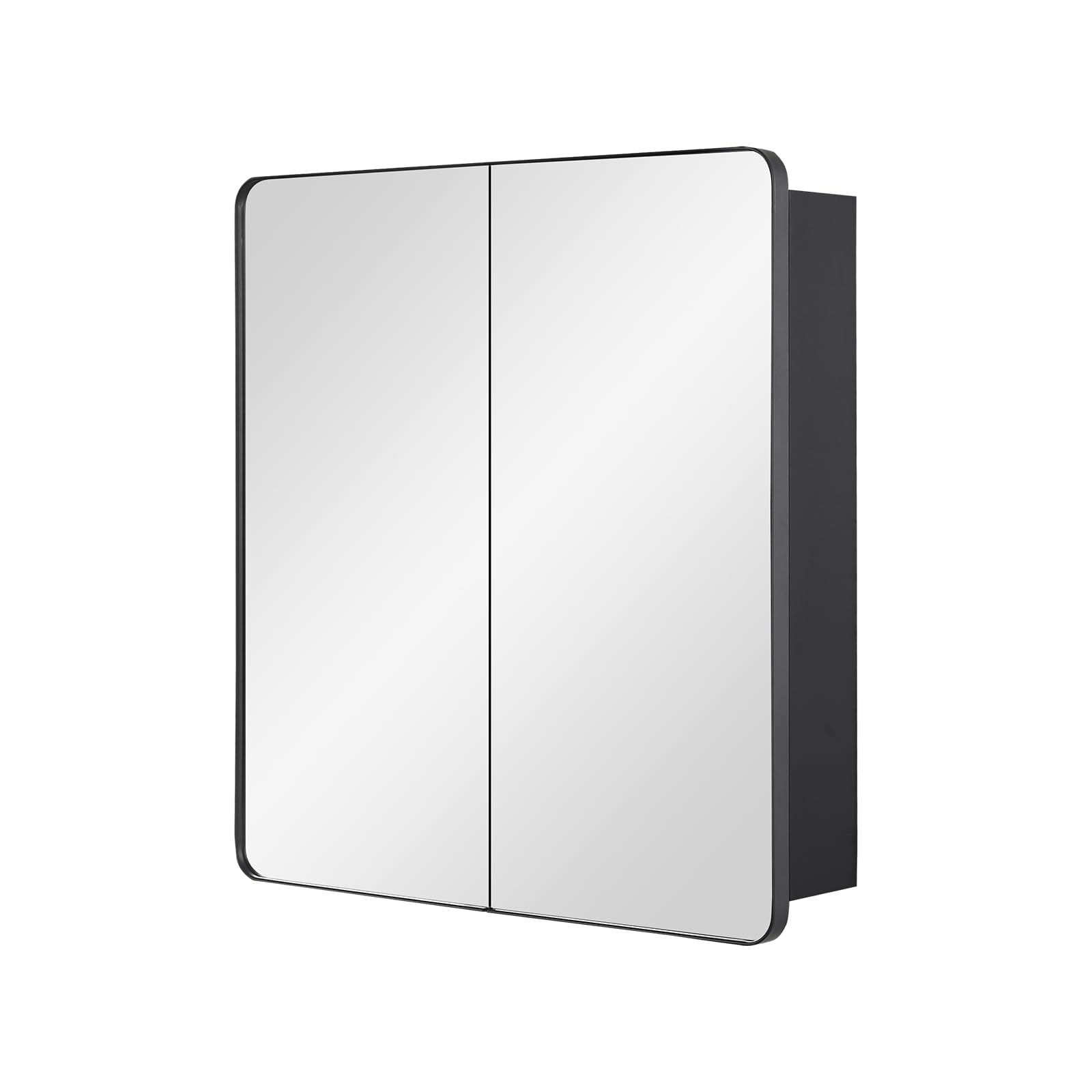 Fundin Armario con espejo de baño con espacio de almacenamiento, puertas dobles, marco de metal con esquinas redondas, estantes ajustables, color negro mate, montaje en superficie, 60 x 65 cm