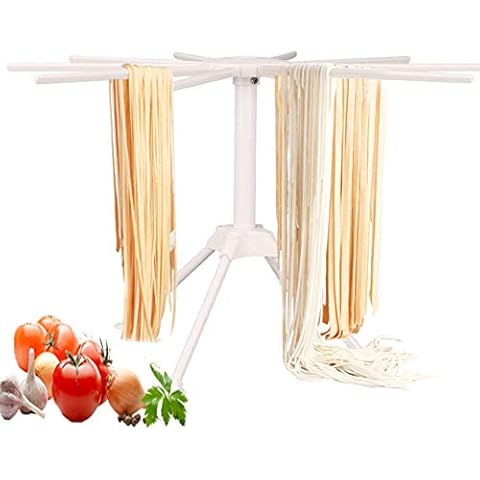 LogHog Pasta Drying Rack Collapsible,Fresh Noodles Hanging Stander,Household Pasta Drying Tool for Kitchen,Foldable Plastic Noodles Stander Spaghetti Holder Stand with 4 Legs and 10 Arm Handles Cover