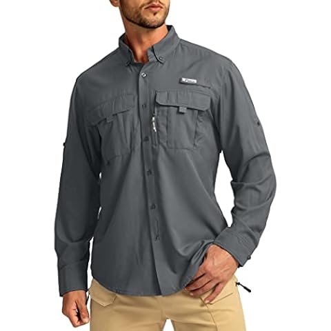 Men's Sun Protection Fishing Shirts Long Sleeve Travel Work Shirts for Men UPF50+ Button Down Shirts with Zipper Pockets(Dark Grey Large) Cover