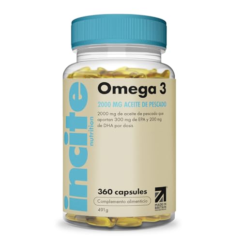 Incite Nutrition Omega 3 Cápsulas de Aceite de Pescado 2000 mg. 360 Cápsulas Blandas. Ácidos Grasos Omega 3 EPA y DHA para 6 Meses. Sin OGM, Producido en el Reino Unido, Sin Regusto a Pescado