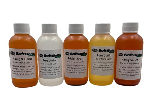 Super Concentrated Upper Hand Scents for Soft Plastic Lures 5.5oz - 5 Favors - Hawg Sauce, Hawg & Anise, Pure Garlic, Pure Anise &Triple Threat (Pure Anise- (Extreme Potency) 5.5 Oz)