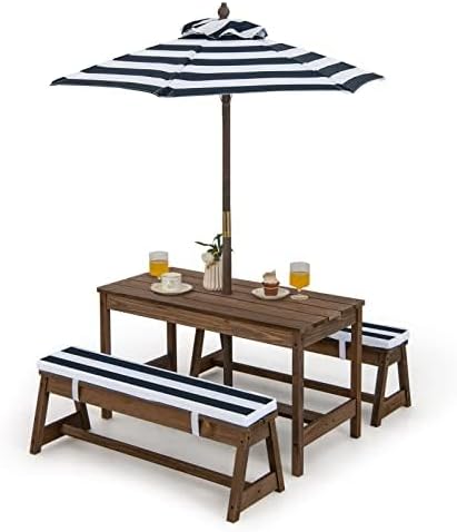 FANTASK Children’s Seat Set, Children’s Picnic Table with Benches, Cushions & Parasol, Wooden Seating Set, Outdoor Garden Furniture for Garden, Backyard, Patio (Blue)