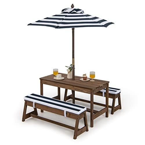 Set di seggiolini per bambini, tavolo da picnic con panche, cuscino e ombrellone, set di seggiolini per bambini in legno, set di sedute per esterni, mobili da giardino per giardino, cortile, terrazza