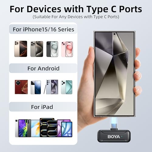 BOYA Microfone de lapela sem fio BY-WM3T-U2 para smartphone iPhone 15 USB-C com capa de carregamento
