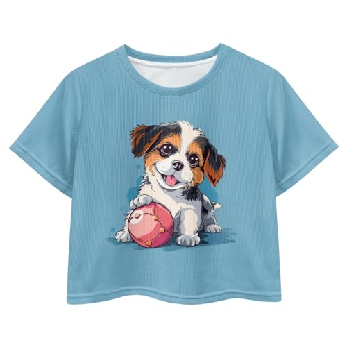 OZELANSAY Cute Puppy Print Shirt for Girls 9-10 Blue Crop Top Summer Clothes Kids Casual Short Sleeve T Shirt Cute Dog Graphic Tees Summer Blouse