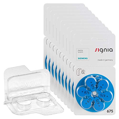 Signia Lot de 60 piles auditives Signia taille 675, 10 x 6 piles PR44 bleues 24600 + boîte de rangement EWANTO pour 2 piles (10, 13, 312, 675), boîte de rangement transparente pour piles boutons < Ø
