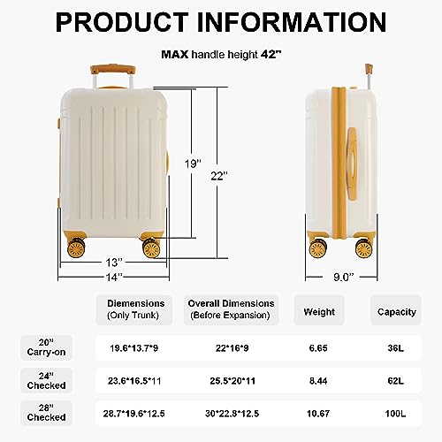 3 Pieces Luggage Set, 20" 24" 28" Travel Suitcase with 360 Degree Spinner Wheels Telescopic Handles for Business Travel Brown White One Size3