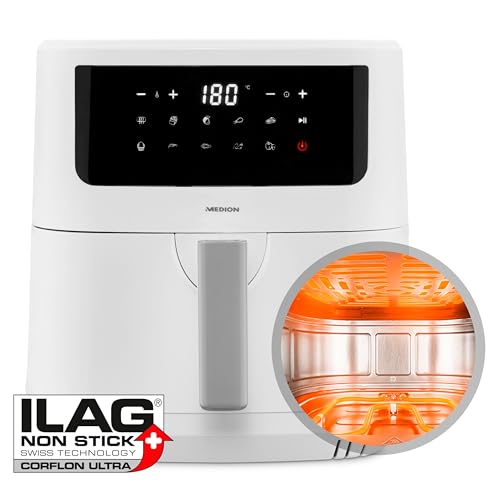 MEDION P10 XL Duo Heißluftfritteuse (6,8 Liter XXL, Airfryer, 2.150 Watt, zwei Heizelemente aus Edelstahl, Schüttel Alarm, 9 Automatikprogramme, Touch Bedienfeld, LED Anzeige) weiß