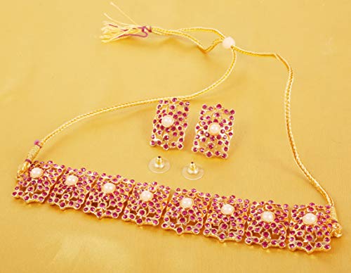 Image of Touchstone Mughal Jali Collection Gold Tone Indian Mughal Bollywood White Diamante Jewelry Choker Set for Women