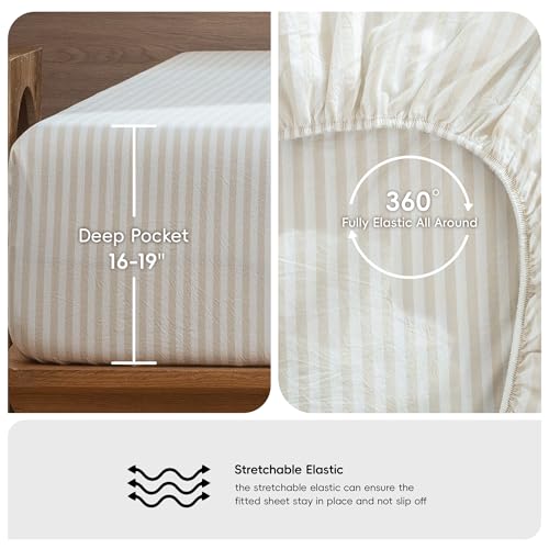 Image of MooMee Striped Sheet Set 100% Washed Cotton Linen Like Queen