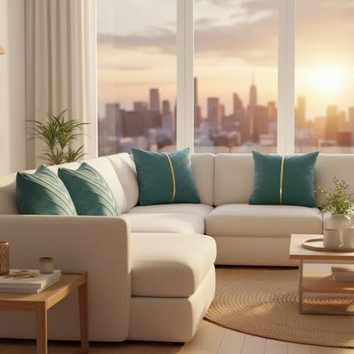 Image of Velvet Throw Pillow Covers 22x22 Pack of 2 Gold Decor Aqua Green