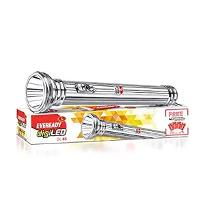 Eveready Jeevansathi DL65 | 3W Torch with Retro & Classic Touch | Powered by 4xD Battery | Super Bright White LED | 20000 Lux Output | 3.5 km Radius | Flasher Function | Durable Brass Body | Silver