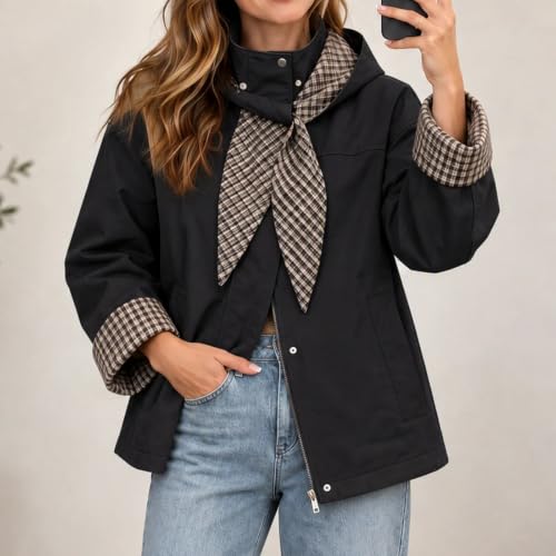 Cropped Trench Coat for Women Fall Winter Jacket with Plaid Hood - image 3