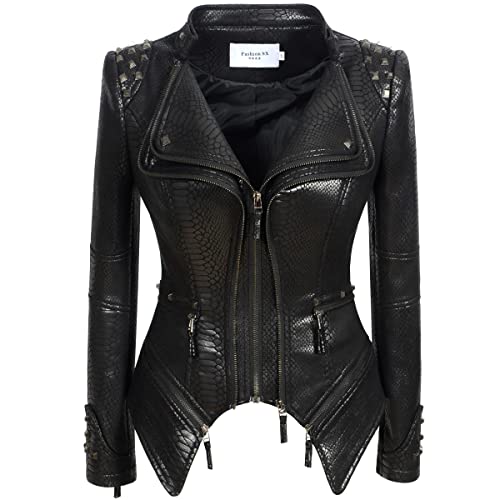 Veste avec broches【Déméter】feminine Fashion SX Womens Rivet Faux Leather Jacket Zipper Moto