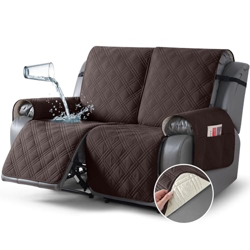 Image of TAOCOCO 100% Waterproof Loveseat Recliner Cover, Non Slip Split Loveseat Covers for Reclining Sofa with Elastic Straps, Washable Recliner Chair /Furniture Protector for Pets(2 Seater, Chocolate)