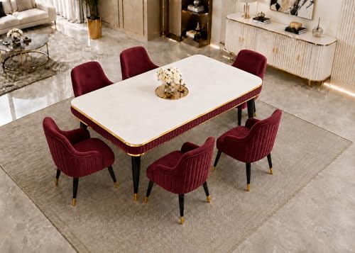 Image of WOODEN SPACE 6-Seater Wooden Dining Table Set | Nano Composite Marble Top | Solid Wood Base | Modern Dining Room Furniture with 6 Chairs (Maroon Modern Zyro)