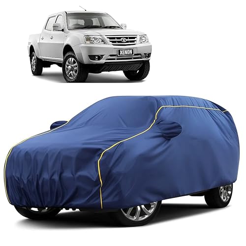 Image of Sulfar 100% Water Resistant Car Body Cover Compatible with Mirror for Tata Xenon (Triple Stitched, Full Bottom Elastic, Blue Taffeta with Yellow Piping)