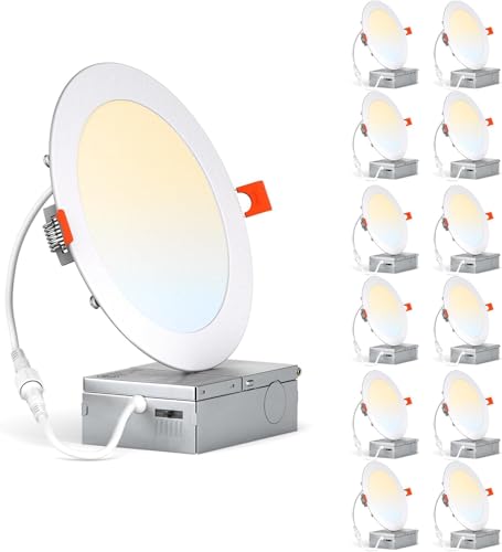JESLED 12 Pack 4 Inch 7CCT Ultra-Thin LED Recessed Ceiling Light with Junction Box, 2700k/3200k/3900k/4500k/5000k/6000k/6500k Dimmable Can-Killer Downlight, 9W 75W Eqv, 750LM High Brightness