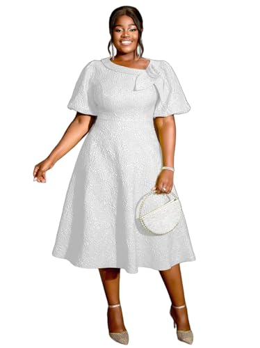 Image of AOMEI Women's Irregular Neck with Flower Short Puff Sleeve High Waist A-Line Jacquard Dress