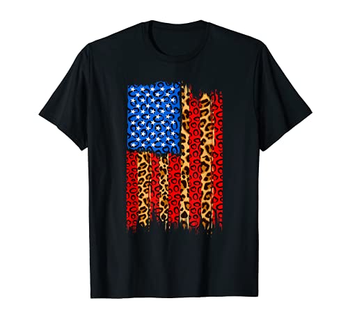 Leopard Print Cheetah American Flag 4th Of July Independence T-Shirt