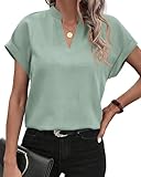 BTFBM Casual Short Sleeve Tops 2024 Summer Tunic Blouses Vacation Outfits V Neck Lightweight Flowy Beach Tunics Shirts(Solid Bean Green, Medium)