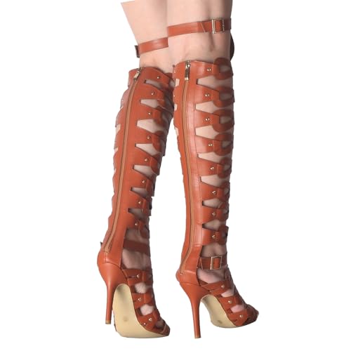 Image of Hanfike Knee High Sandals for Women Gladiator Cut Out Summer Roman Boots