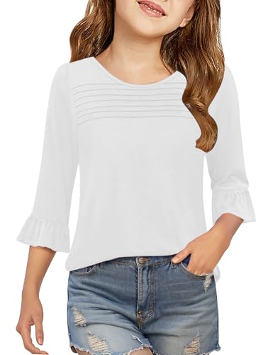 Image of Girls Summer 3 /4 Length Sleeve Tops Casual Cute Shirts Ruffle Bell Sleeve Front Pleated Blouses