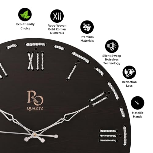 Image of Wooden Round Shape Roman Dial Wall Clock with Silver Hand and Silver Zari Rope Detailing | Stylish Silent Quartz Movement Anti Reflection Analog Vintage Clock for Home (Black, 15.5 Inch)