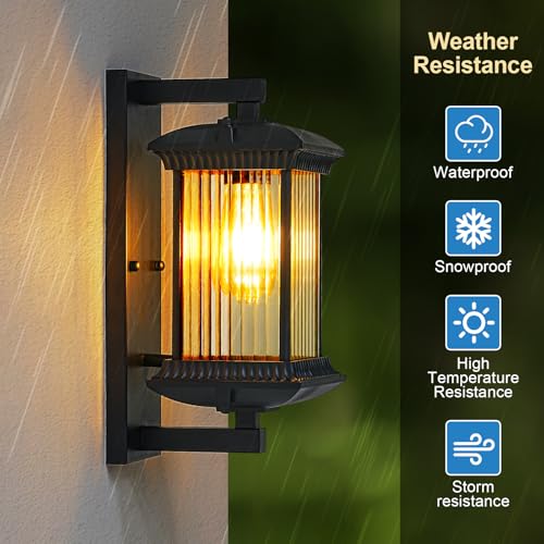 Outdoor Wall Lights, Square Waterproof Outside Light Fixtures for House Porch Yard Doorway Garage Patio, Black Aluminum Sconce Lighting, Exterior Lantern, 2-Pack